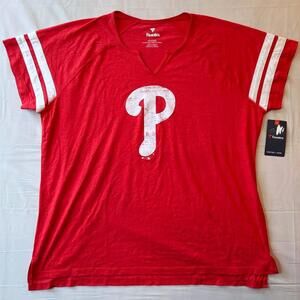 NWT Philadelphia Phillies Fanatics Women's V-Neck Tee Red Stripe Sleeve MLB 3XL